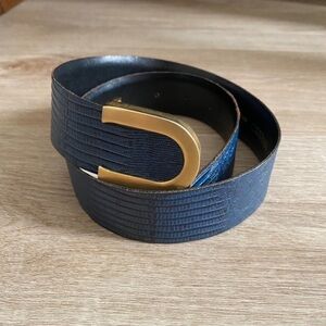 VTG Cipriani Blue Lizard Grain Leather Belt with Gold Buckle